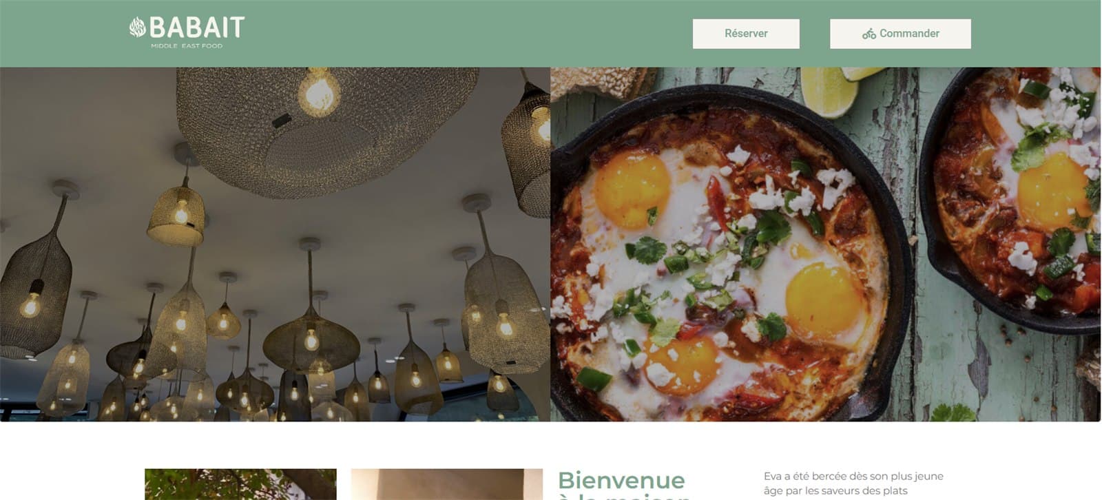 Page d’accueil du site du restaurant Babait : identité, photos de plats et boutons Réserver et Commander