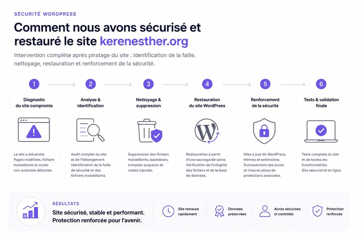 Schéma de l’intervention de sécurité sur kerenesther.org : diagnostic, analyse, nettoyage, restauration WordPress, renforcement et tests