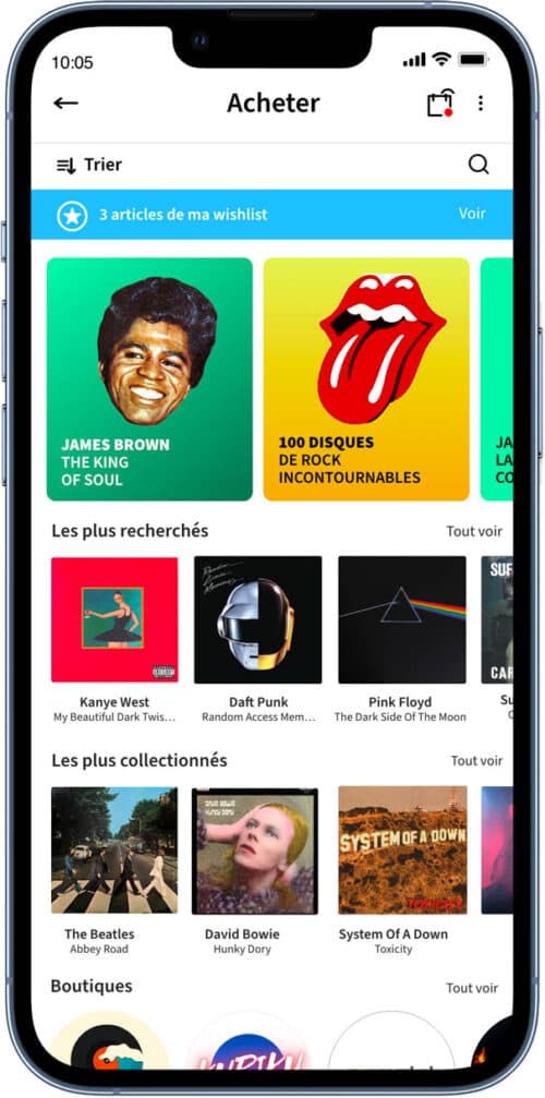 Écran d’accueil de l’application Vinymatic sur mobile : recherche, wishlist et sélections de vinyles