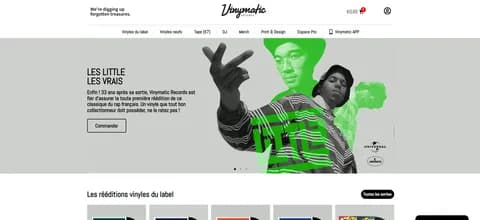Page d’accueil de la boutique Vinymatic Records : bannière, rééditions vinyles du label et bouton Commander